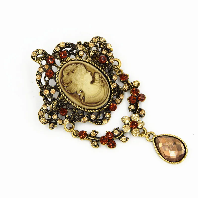 ANTIQUE GOLD Vintage Stylish Hot Selling Women Head Cameo Brooch Elegant Gift Scarf Pin Top Quality Crystals Rhinestone Pretty Pins