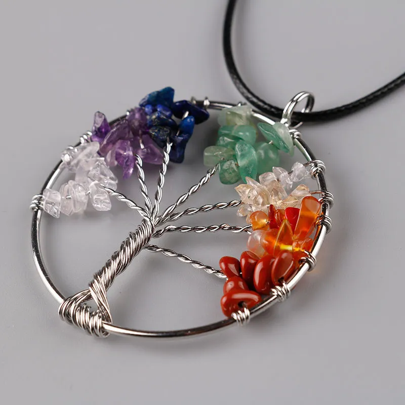 Women Rainbow 7 Chakra Amethyst Tree Of Life Quartz Chips Pendant Necklace Multicolor Wisdom Tree Natural Stone Necklace