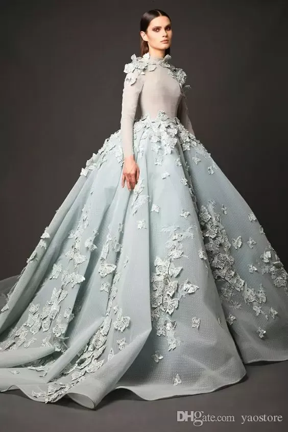 Elie Saab Long Sleeves Evening Dresses High Neck Chapel Train 3D Floral Appliques Overskirts Party Dress Red Carpet Dress Evening Wear From 153 57 DHgate
