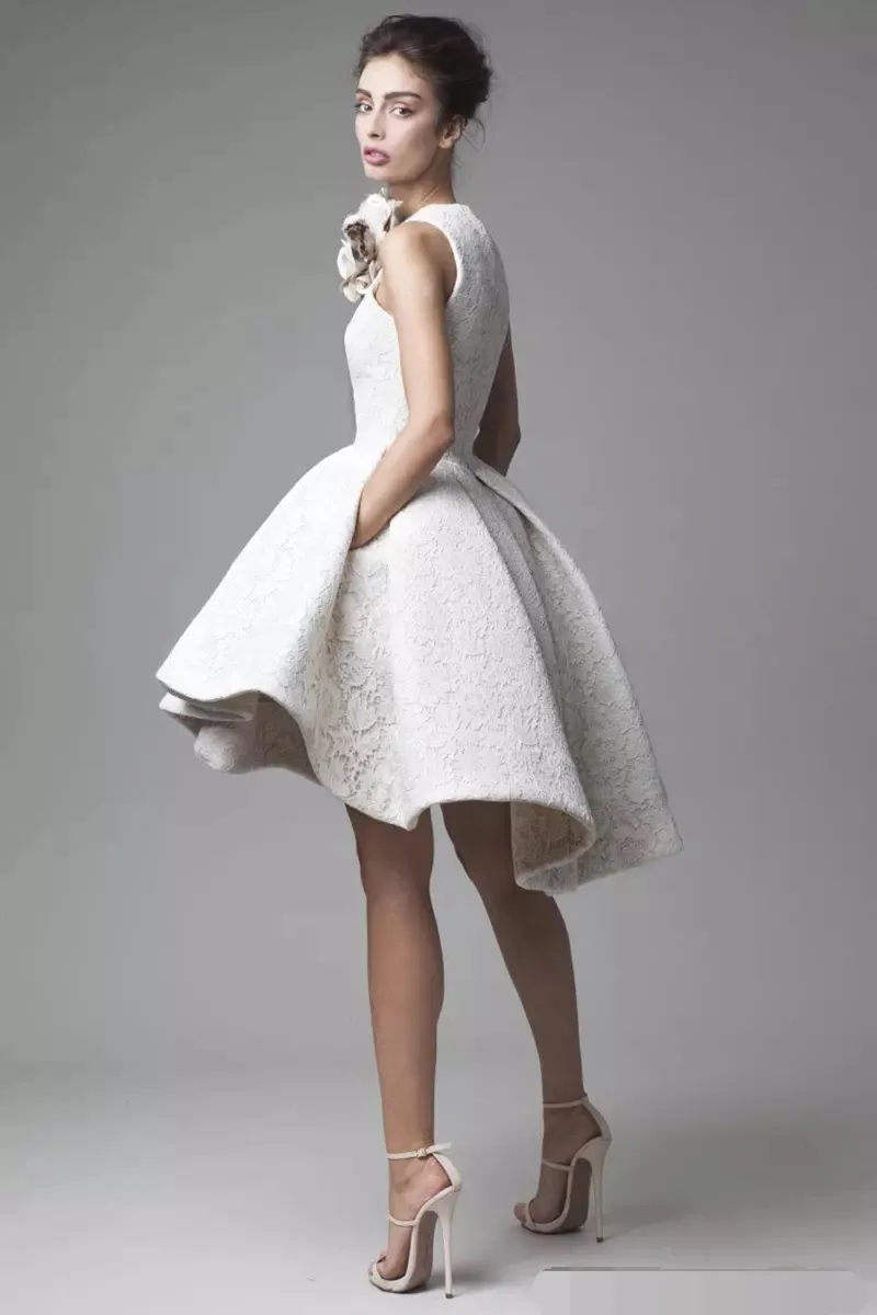 Abiti corti eleganti da promenade Una linea fatta a mano Flower Lace Applique Hi Lo abito da cocktail senza maniche abiti da ballo su misura