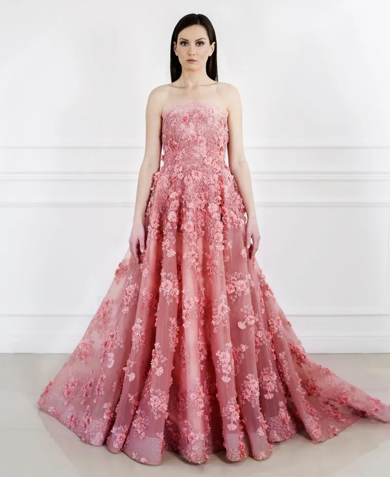 2019 Bead Baby Pink Evening Dresses Sexy Strapless 3D Floral Appliques Prom Dress Plus Size Formal Long Prom Gowns