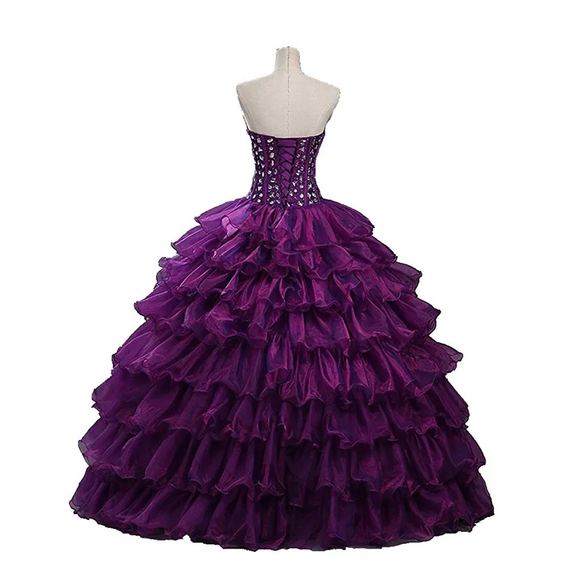 2017新しいエレガントなボールガウン紫のQuinceaneraのドレスが付いているビーズクリスタルレースアップ甘い16ドレス15年プロムのガウンストック2-16 QS1037
