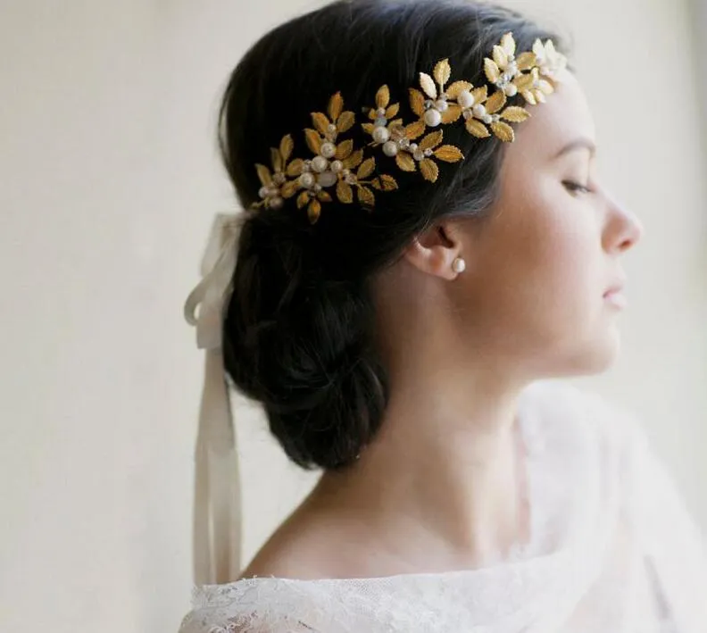 Mode billiga bröllop brud brudtärna barock guld löv pärla kristall rhinestone hår tillbehör huvudstycken huvudband tiara prinsessa