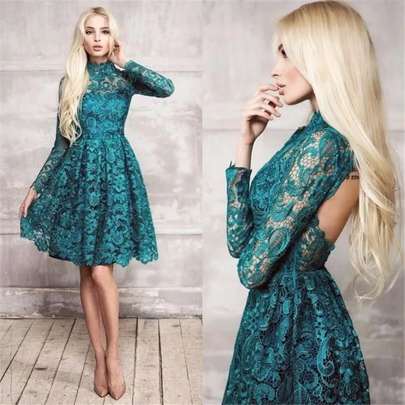 Koronkowe Teal Długie Rękawy Krótkie Suknie Koktajlowe Wysokiej Neck 2020 Nowy Backless Długość Kolana Sexy Party Prom Dress Arabic Homecoming Suknie BA3062