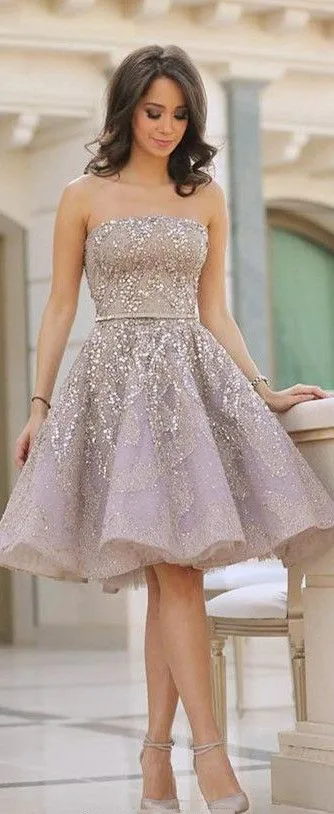 Strapless 2016 Homecoming Dresses Elegant With Applique Sequins Prom Dresses Knee-Length Custom Made Tiered Formal Party Dress 2016 Discount