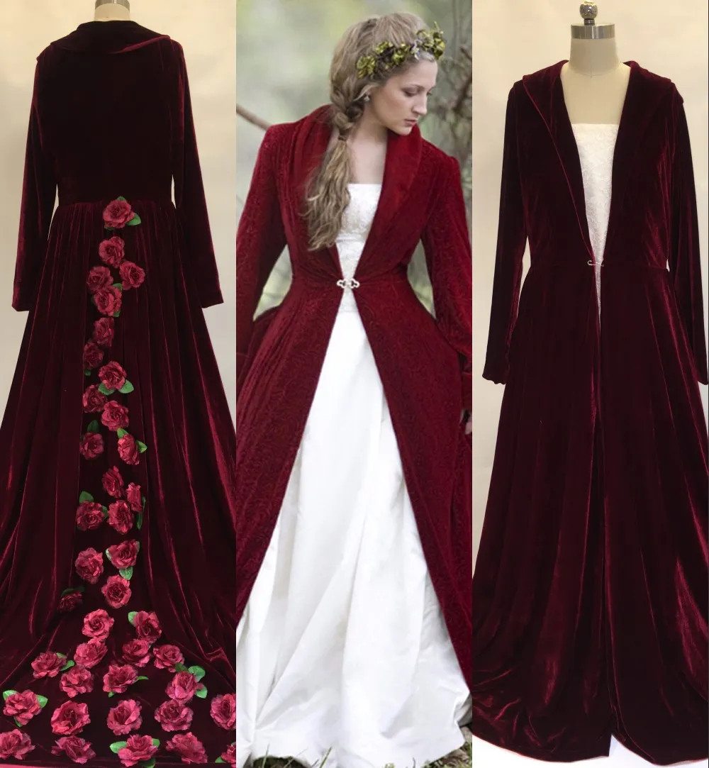 2017 Real Image Winter Christmas A Line Wedding Dresses Cloaks Burgundy Velvet Long Sleeves Flowers Plus Size Formal Bridal Gown Jacket Coat