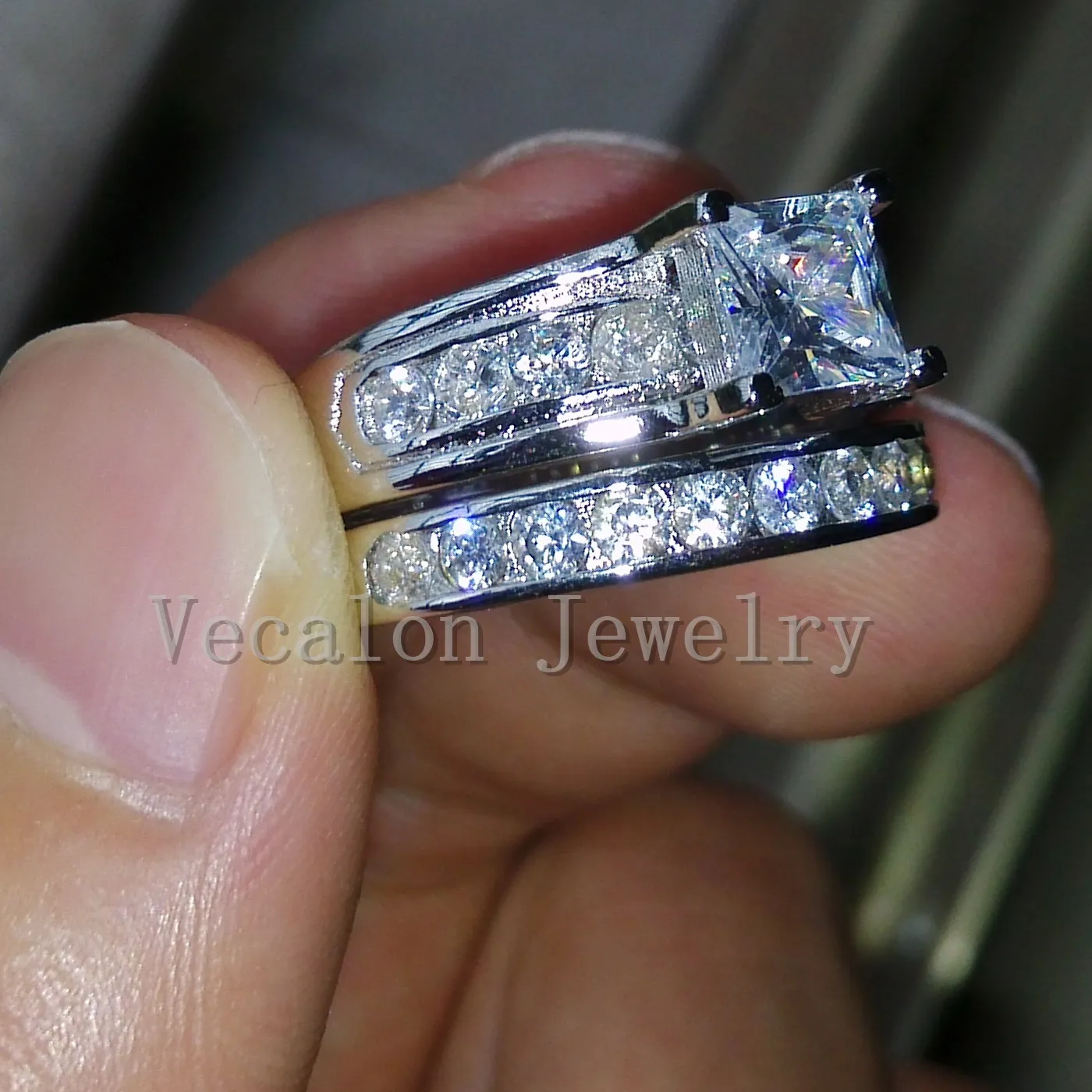 Bague de fiançailles Vecalon Ensemble pour femme Plaqué platine 1ct Diamant simulé Cz 925 Bague femme en argent sterling R104