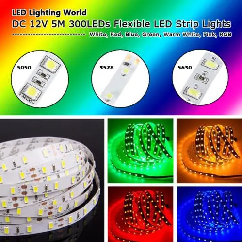 5M 5050 3528 5630 LEDストリップライト暖かい白赤緑青ピンク紫色RGBフレキシブル5Mロール300 LEDS 12V屋外リボン