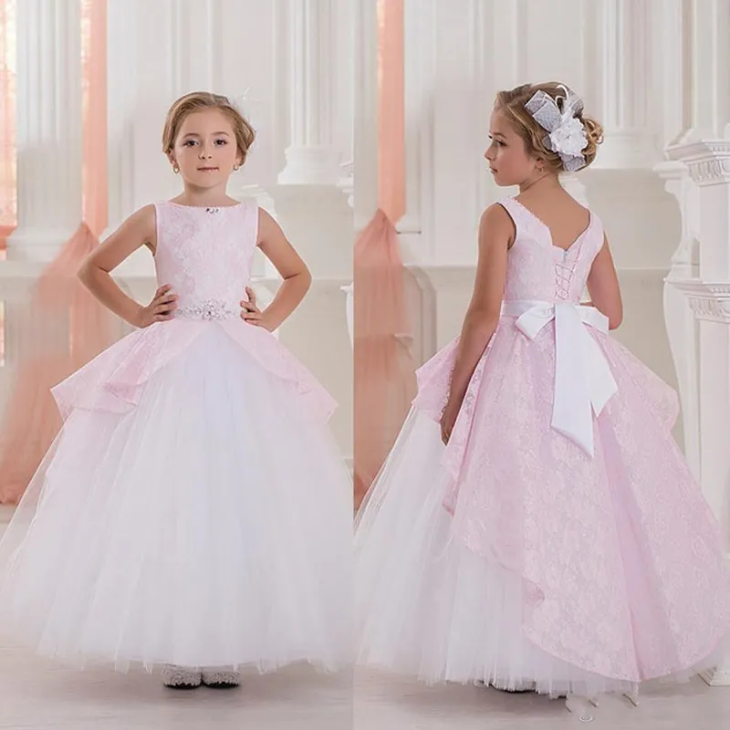 Cute Pink Ball Gown Beaded Flower Girls Dresses For Weddings Sleeveless Lace Little Girls Dresses Princess First Communion Dresses