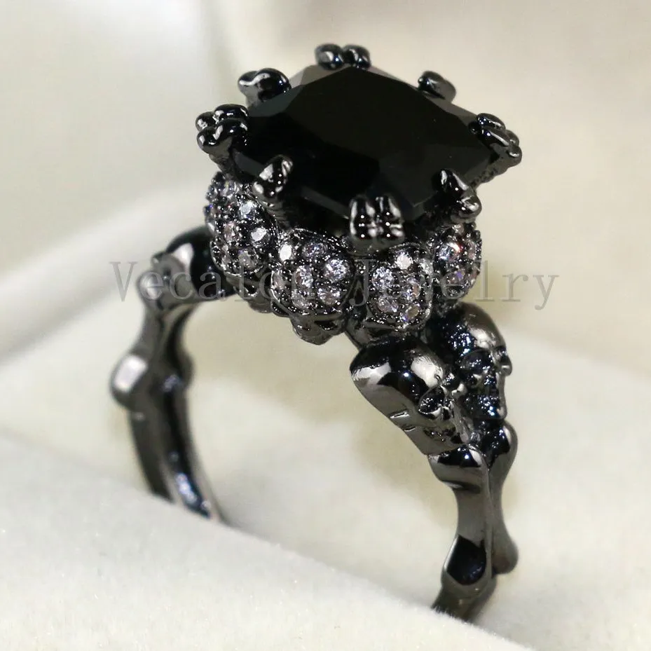 Vecalon Antique crâne bijoux 3ct noir Cz diamant bague de mariage ensemble pour femmes 14KT or noir rempli femme bague