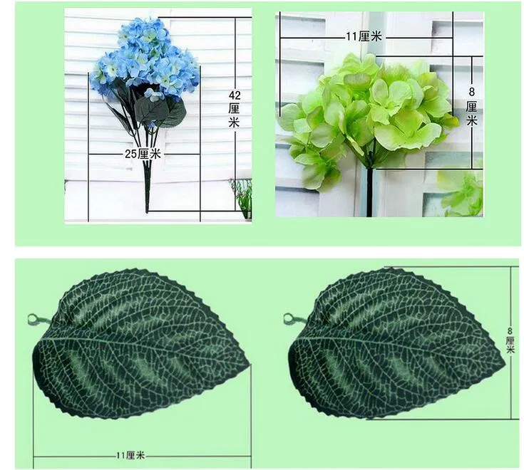 Konstgjord hantverk hortensia bukett 7 huvuden 42cm lång för hemfest bröllop dekoration falska brud silke blommor gratis sf0501