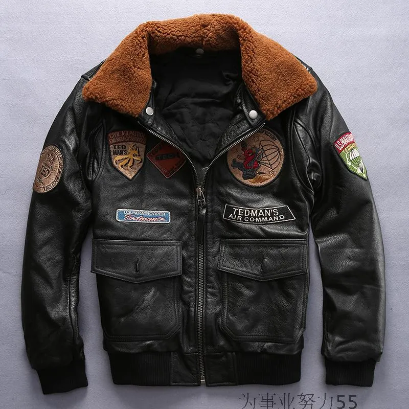 Black TED MANS Genuine Leather Jackets Lamb Fur Collar Flight Bomber ...