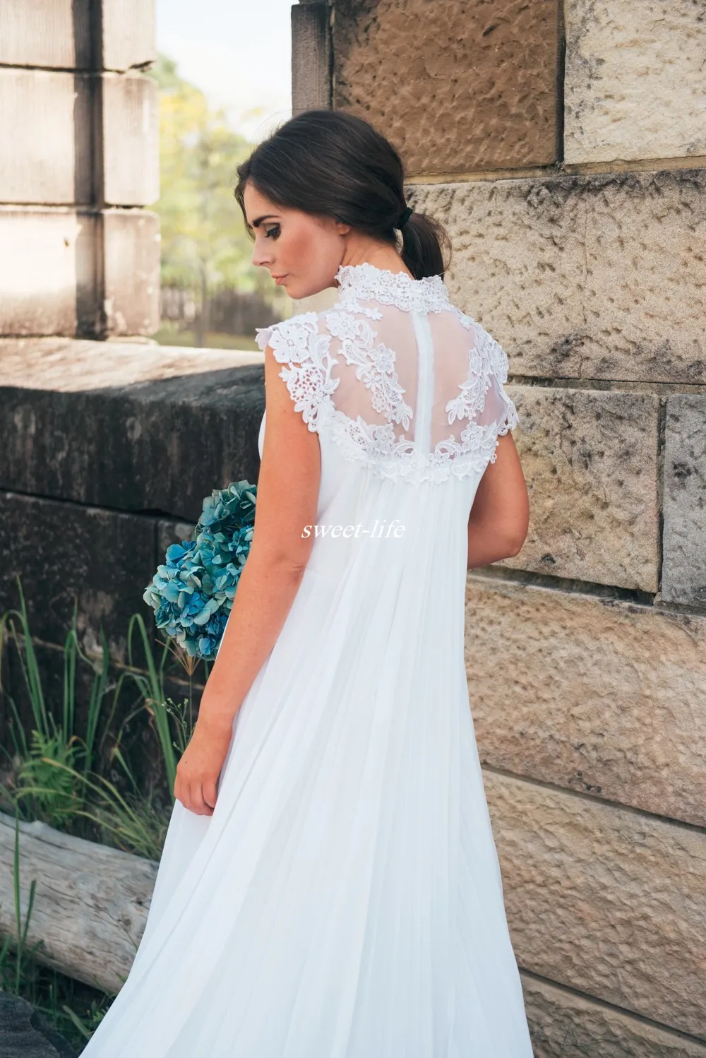 Abiti da sposa di maternità di campagna Empire Appliques in pizzo Lunghezza pavimento in chiffon 2019 abiti da sposa in gravidanza all'aperto a buon mercato aline9612470