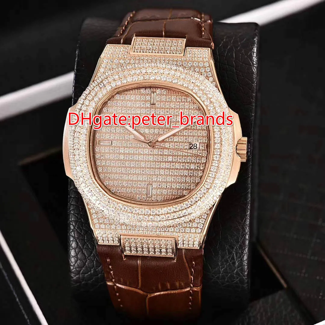 Automatisk 2813 Full Iced Out Watch Rose Gold Case med läderband Glas baksida Sapphire Crystal Shiny Diamonds Fashion Luxury Watches