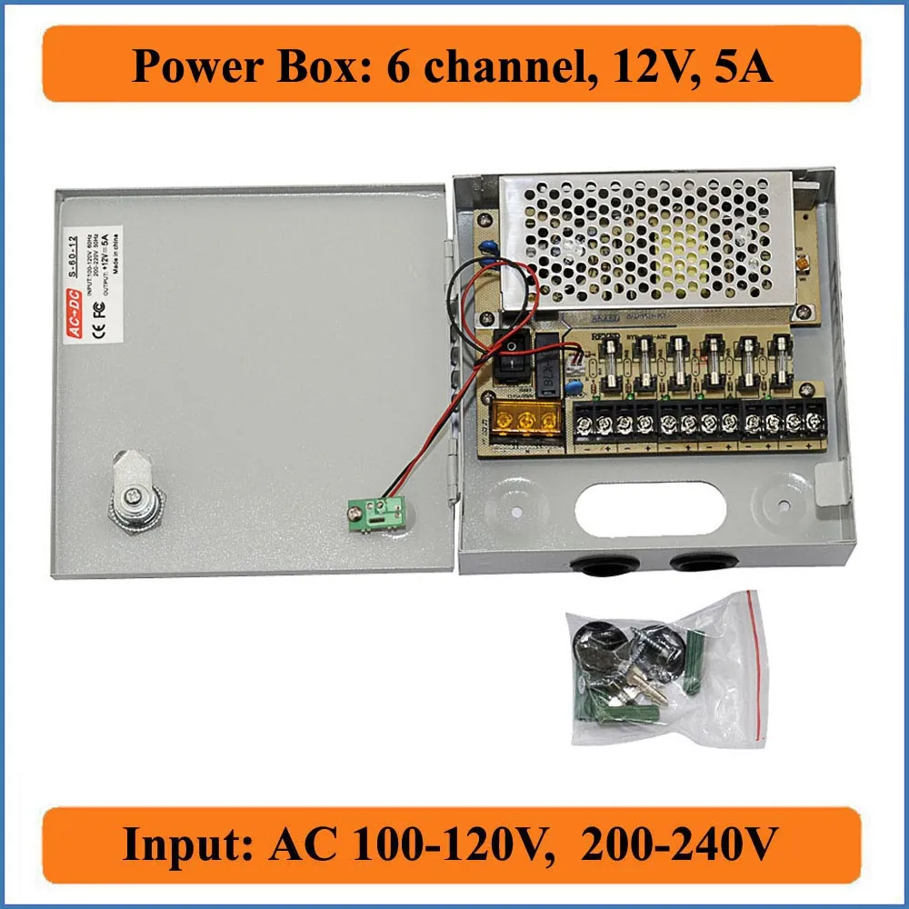 6 Port 12V 5A CCTV Kamera Power Box 6 Channel Switching Power Supply Distribution Box för videoövervakningskameror 6 Port AC 100-240V
