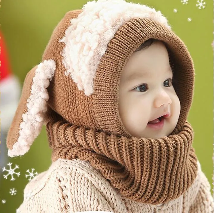 Cute Baby Rabbit Ears Knitted Hat Infant Toddler Winter Warm Hat Beanies Cap with Hooded Scarf Earflap baby Kid Hat4767897