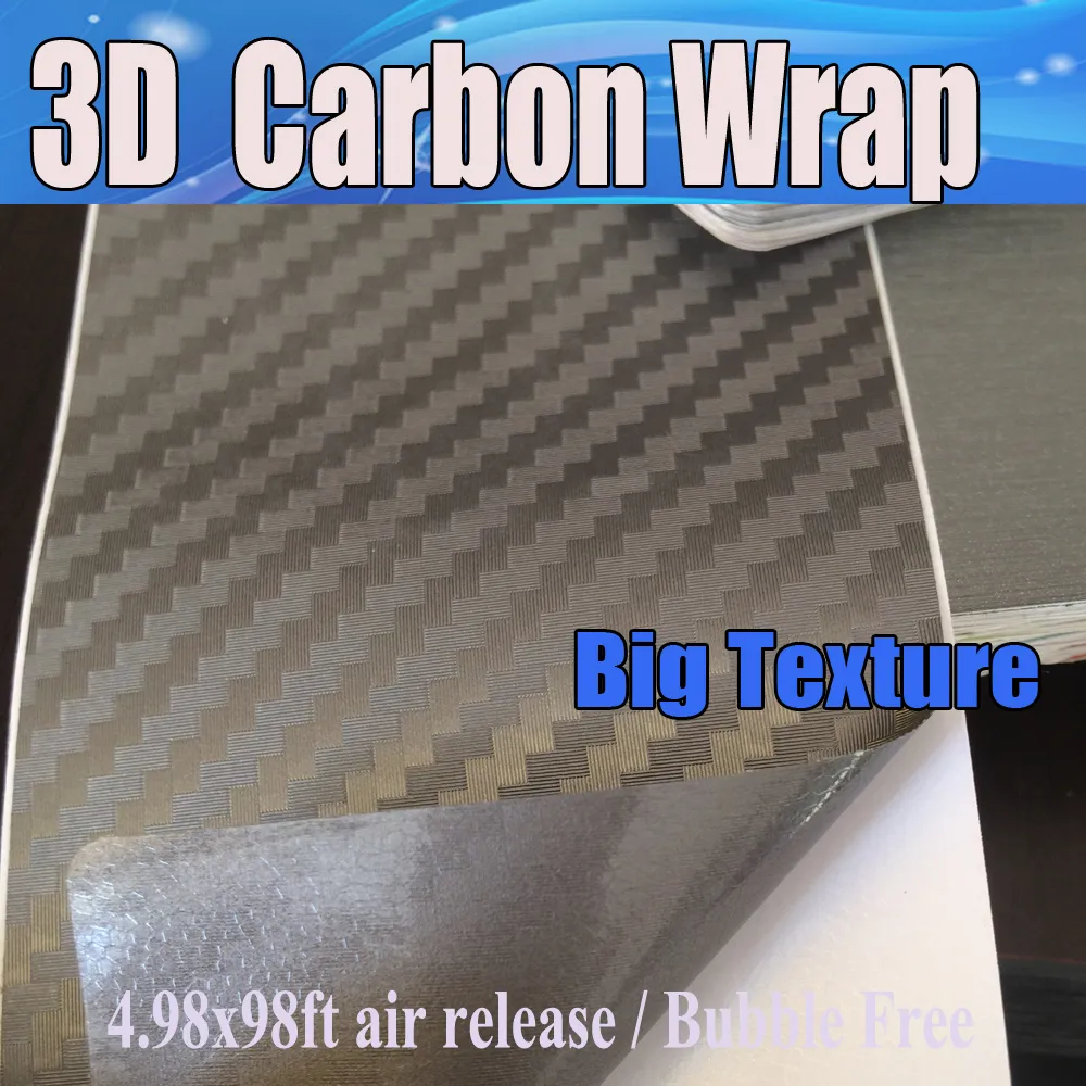 Grå stor textur 3D -kolfiber Vinyl Film Air Bubble Free Car Styling Gratis frakt Kol bärbar dator som täcker hud 1,52x20m/roll