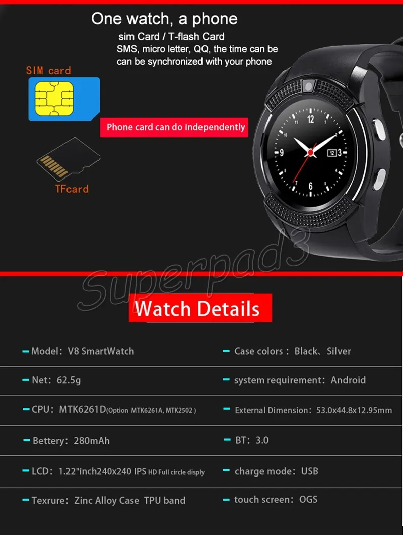 V8 smartwatch relógio com slot para cartão sim tf bluetooth para apple iphone telefone android gsm relógio 0.3mp câmera web navegação sono rastreador