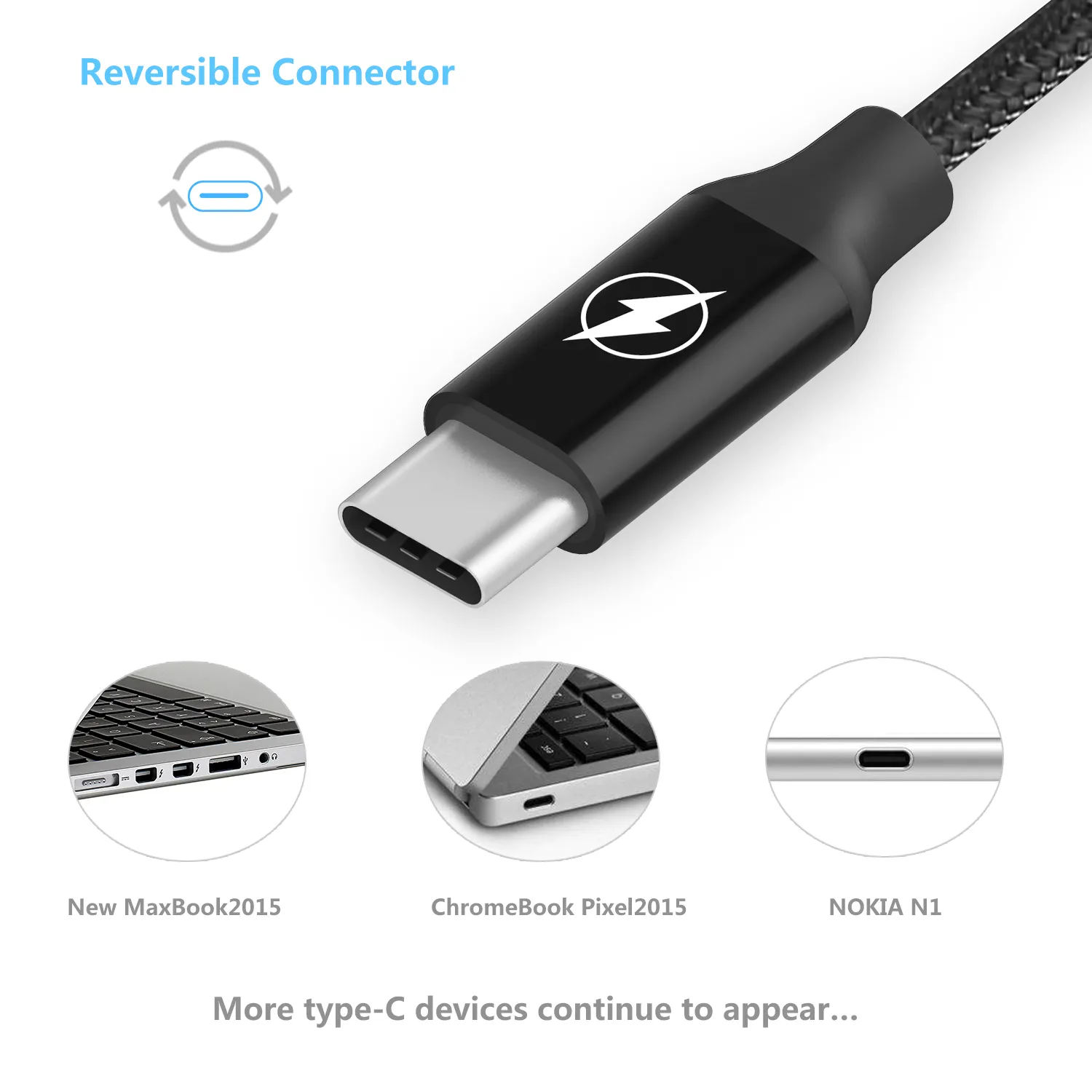 USB Type C Cable Nylon Braided Cord Fast Charger with Reversible Connector for Type C USB Devices FCC CP65 CE ROHS