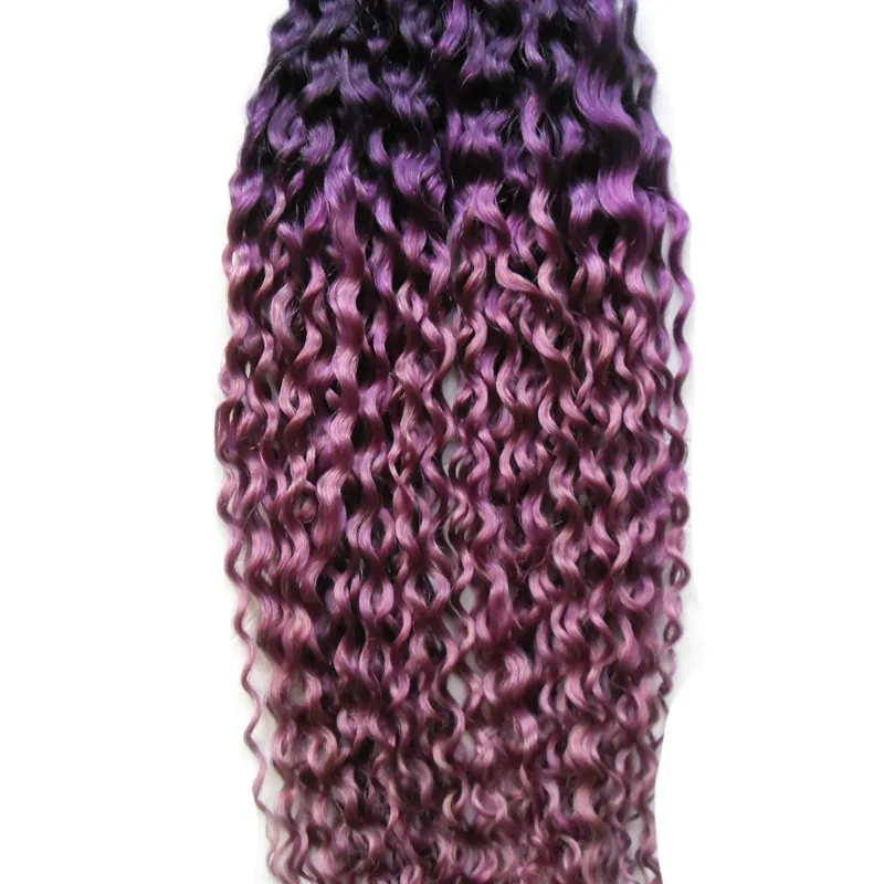 Färg Lila / Rosa Ombre Brasiliansk Hår Kinky Curly Virgin Hair Skin Weft 100g Tape In Human Hair Extensions