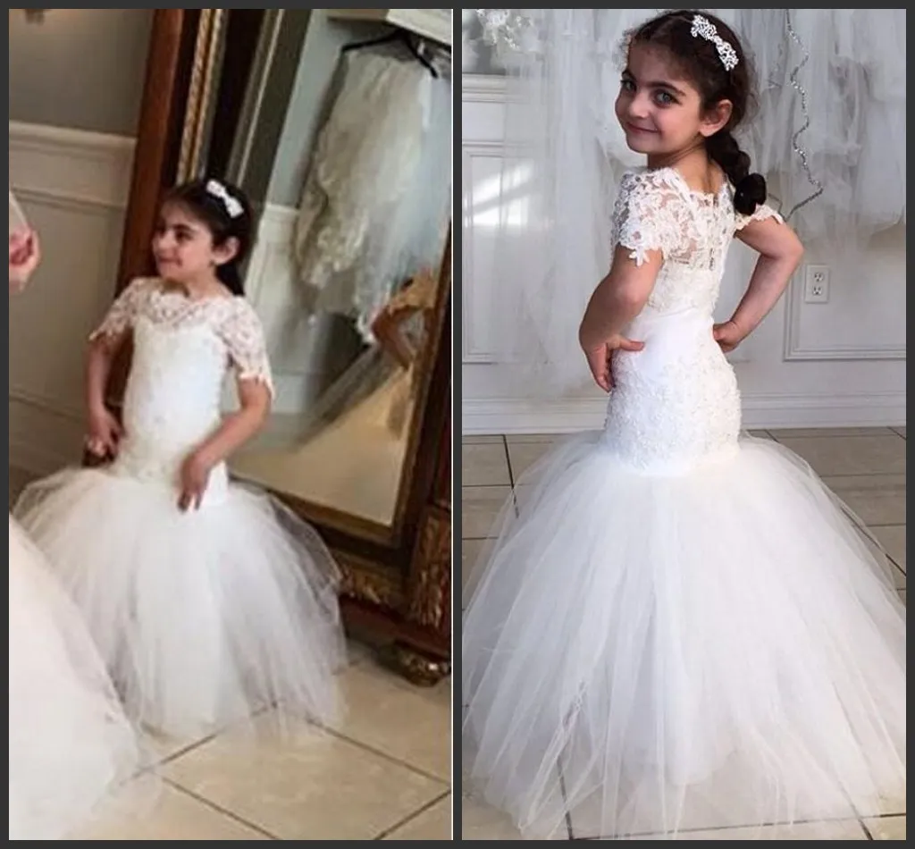 Mermaid Dress Kids Formal Wear Flower Girls' Dresses Short Sleeve Cheap Dress Appliqeus Floor Length Sheath Silm Tulle Gown Cheap Price