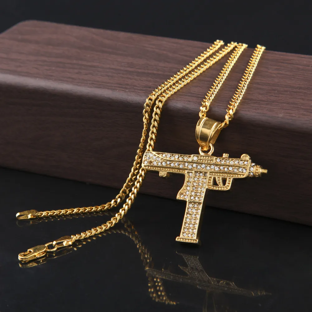 Hip Hop Gun Pendant Necklace For Men Women Iced Out Cz Pendant Cuban Chain Drop Shipping