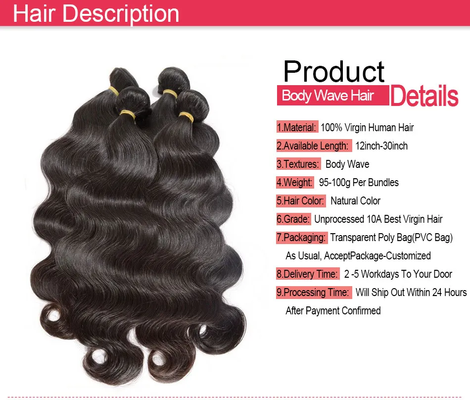 Betyg 10a Brasiliansk Virgin Hair Body Wave Obehandlad Rå Peruvian Indian Malaysian Human Hair Weave 3 / 4Bundles Naturlig färg kan bleka