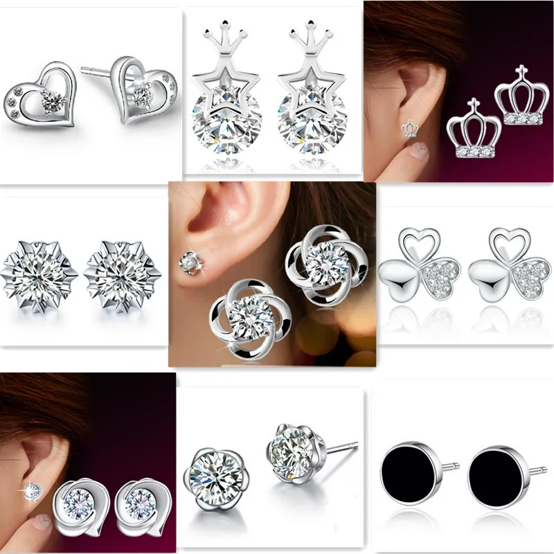 S925 Silver cute love heart Earrings for women Natural Crystal Wholesale Sweet Flowers Clover aretes oorbellen Crown Designer Ear Rings Earings Earring Jewelry