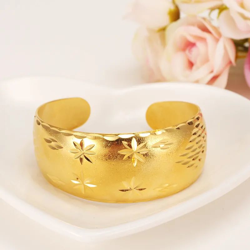29mm 65MM Wide Bangles Women's 9k Yellow Solid Gold Filled Dubai Jewelry Star Bangle Open Bracelets Bridal Gift/Mom Present