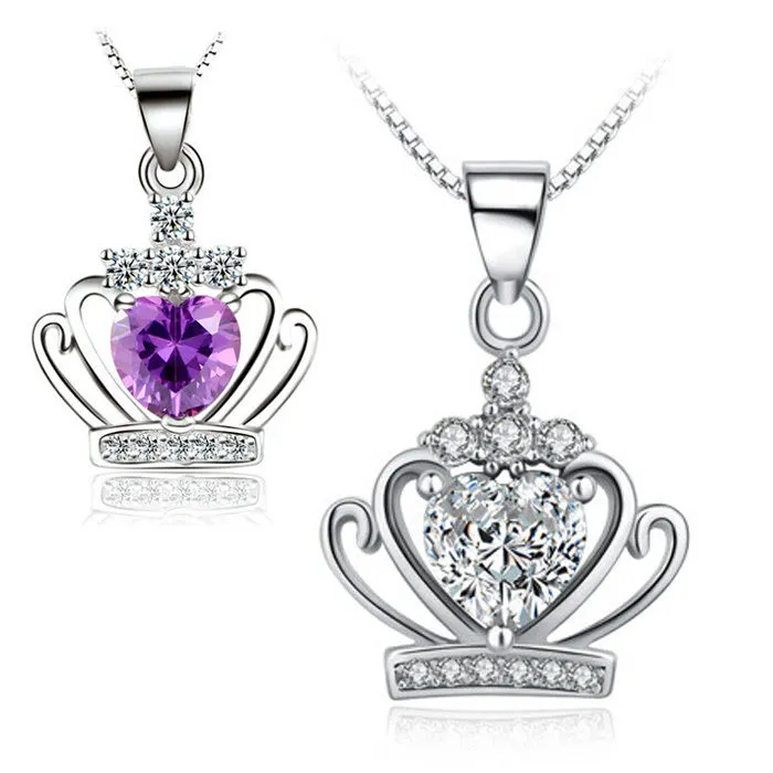 Femmes modernes argent plaqué strass princesse couronne Zircon pendentif collier # R571