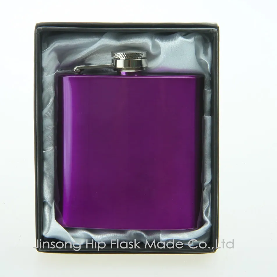 Color coated 6oz stainless steel hip flask in black gift box packing , white silk lined,personalized logo free, 18/8 S/S FOOD DEGREE