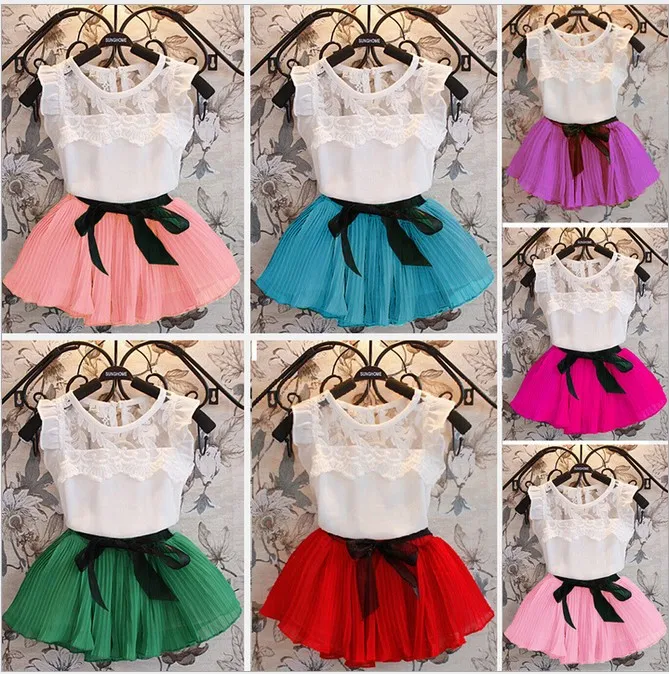 summer girls dress set Chiffon dresses for baby girl children fashion clothing short sleeve T-shirt tops+skirts 2pcs kids suit 7 colors