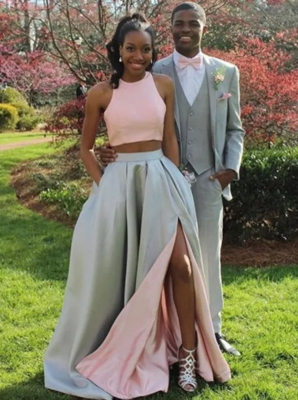 Fashion Two Pieces Gray Prom Dress Long Formal Two Tone Blush Pink Silver Evening Party Gowns With Sexy Split And Pockets From Weddingfactory 121.61 DHgate.Com