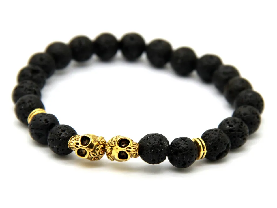 New Products Wholesale Christmas Gift 8MM Lava stone Beads Gold & Silver Skull Yoga Bracelets Party Gift