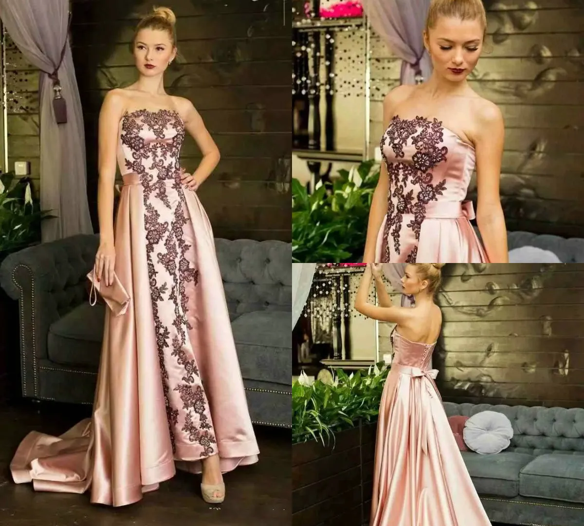 South Africa Prom Dresses With Black Lace Applique Evening Gown A Line