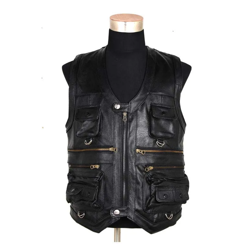 Fall-Sleeveless Genuine Leather Jacket Men Casual Vest With Many Pockets Brown Black Waistcoat Outdoor Windproof Motorcycle Vest 6XL
