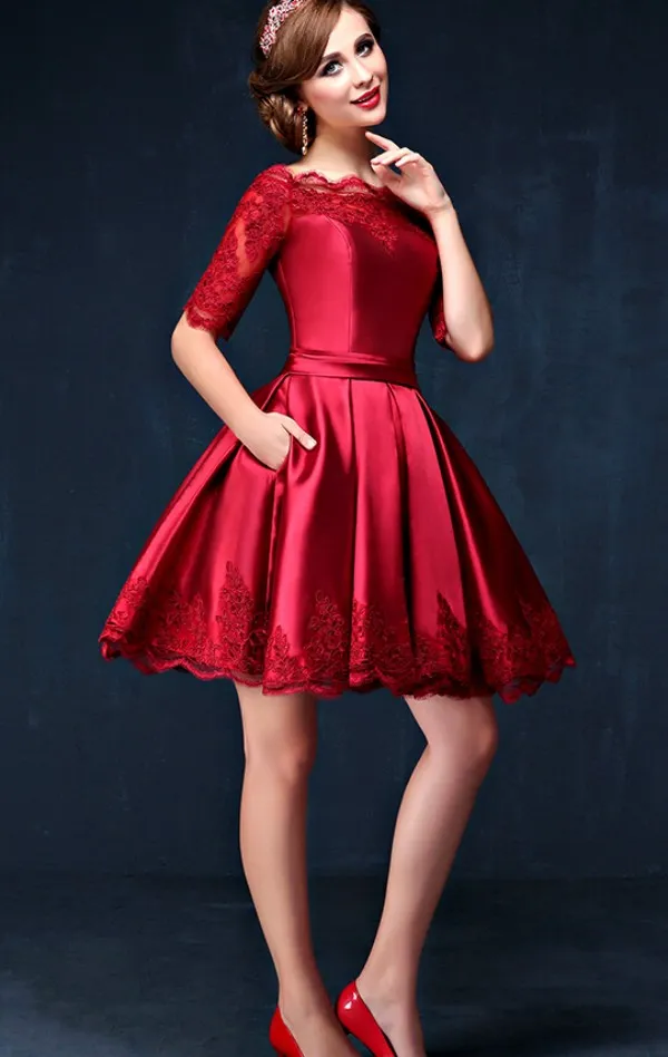 Dark Red Short Prom Dresses A Line Sheer Bateau Neckline Illusion Lace Sleeves Homecoming Graduation Party Gowns with Pockets