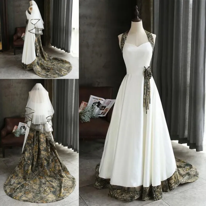 Camo bröllopsklänningar med slöjor vintage mode skräddarsydda kapell tåg billiga brudklänningar med armbåge längd brudslöjor två styck set