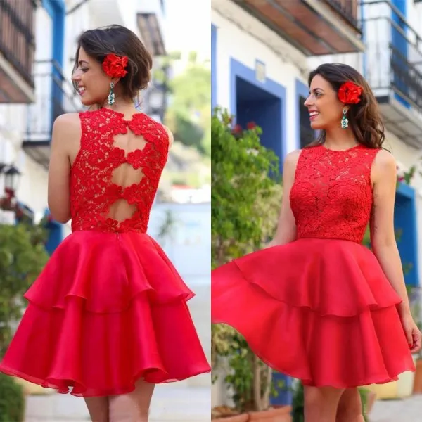 Nova Vestidos Graduação Red Curto Prom Baile Festa Vestido Jewel Sheer Neck mangas Lace Top Ver Através oco Voltar saia em camadas