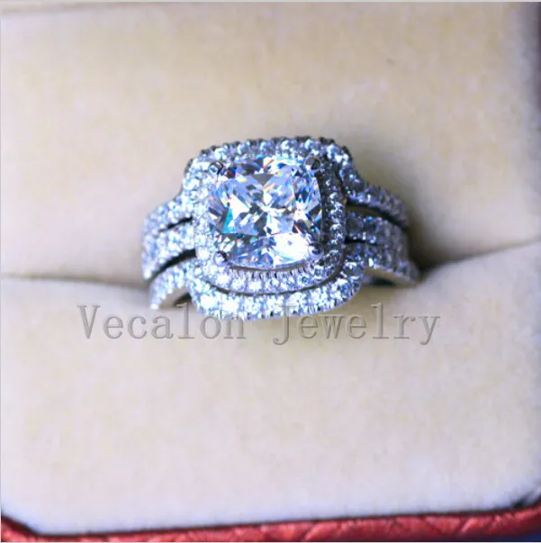 Vecalon New 3CT Cushion Cut Symulowany Diamond CZ 3-In-1 Pierścień ślubu Zestaw do kobiet 10KT biały złoty wypełniony pierścionek zaręczynowy