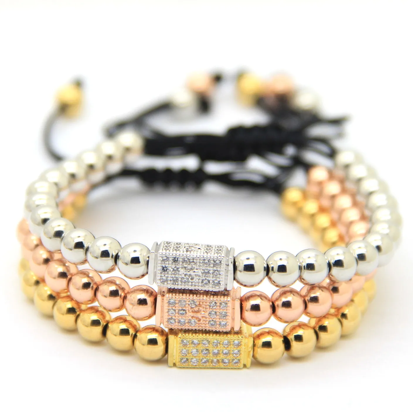 High Grade Diamond Bracelet Wholesale 6mm Real Gold, Rose Gold, Platinum Plated CZ Beads Macrame European American Weaving Bracelets