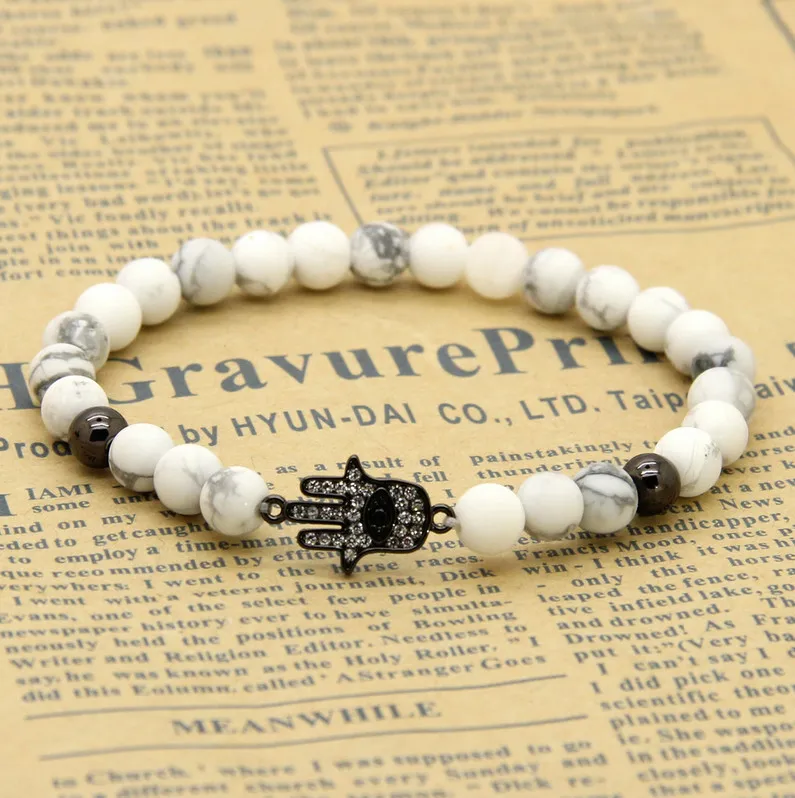 Commercio all'ingrosso 6 mm naturale bianco howlite pietra di marmo perline micro pavimenta zirconi Fatima mano Hamsa braccialetti con ciondoli regalo ragazza