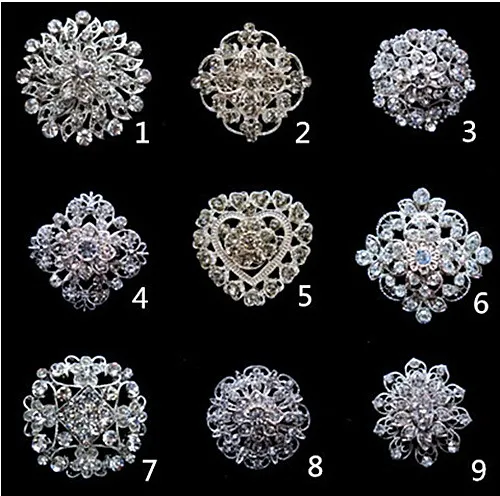 1.3 Inch Sparkly Silver Clear Rhinestone Crystal Diamante Flower Pins Wedding Cake Bouquet Pin Brooch Mixed Designs