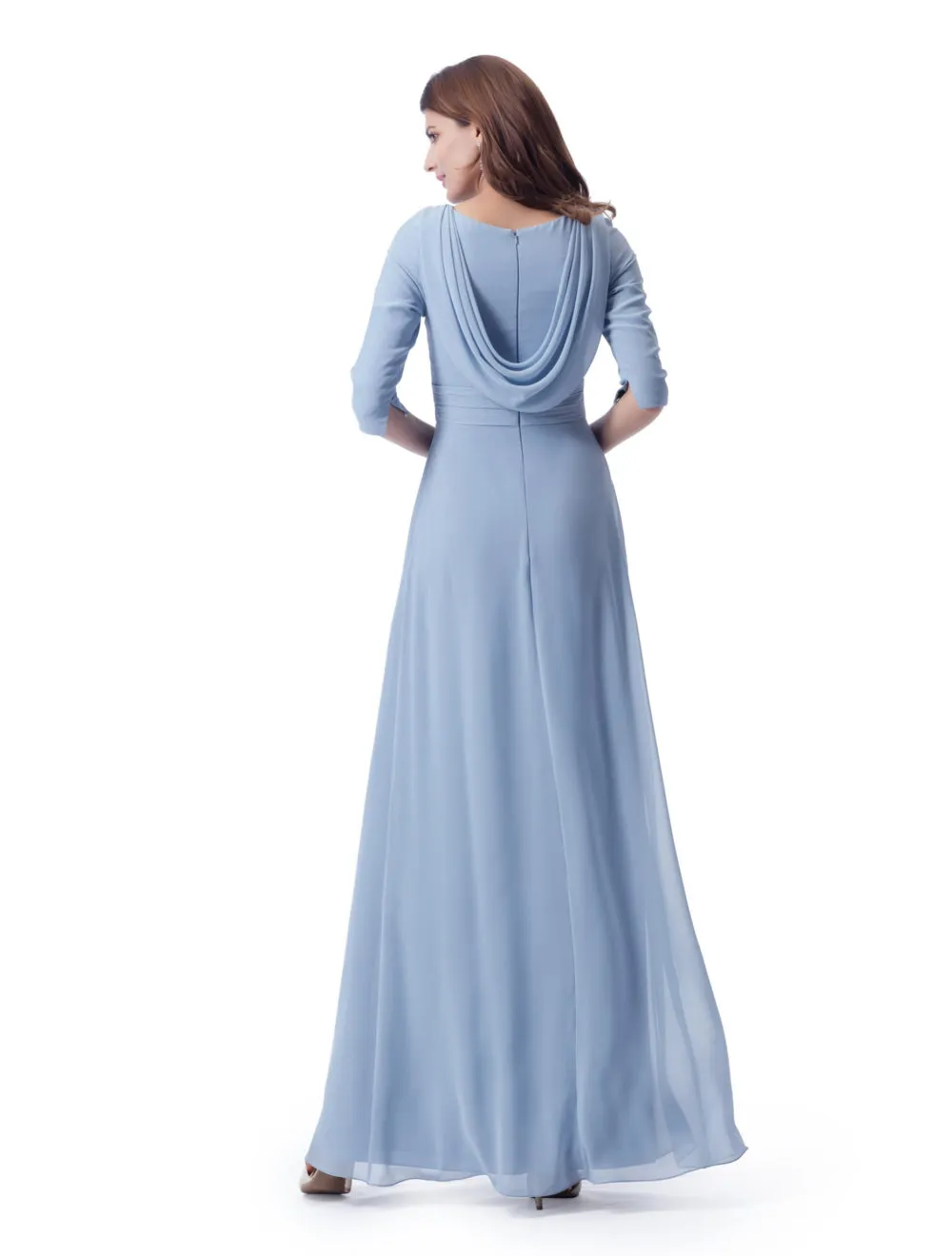 Pastalblå Långt blygsamma brudtärna klänningar med 34 ärmar Ruched Chiffon Ankel Längd Formell Bröllopsfest Klänningar LDS Maids of Honor Dress