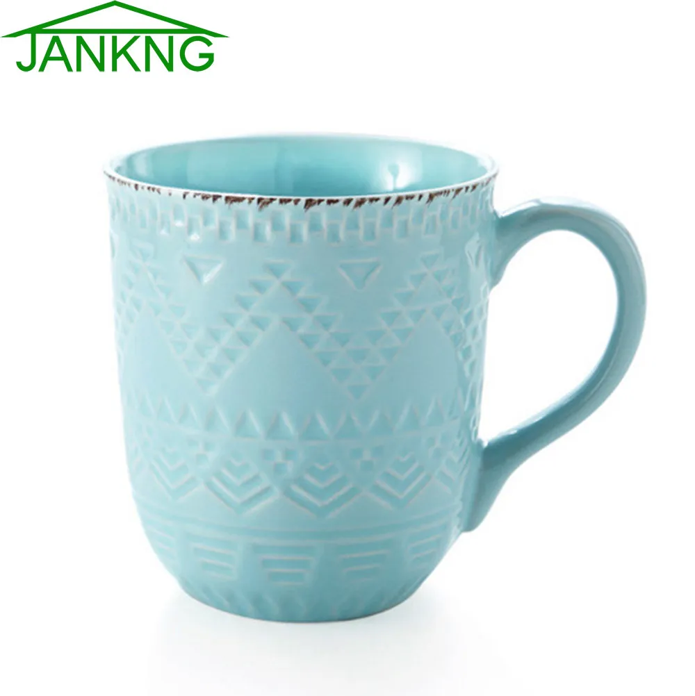 jankng 500mlリリーフ手作りセラミックマグカップ洋風水ボトルブルーホワイトコーヒーミルクティーマグカップ誕生日ガールギフト