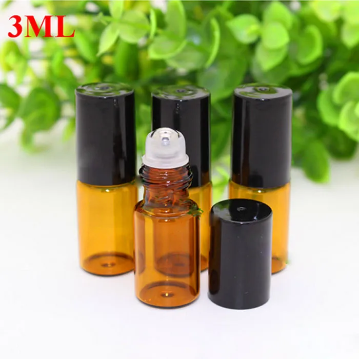 Hot 500 stks / partij hervulbare amber 3ml roll op geur parfum glazen flessen voor essentiële olie met metalen roller ball door DHL gratis verzending