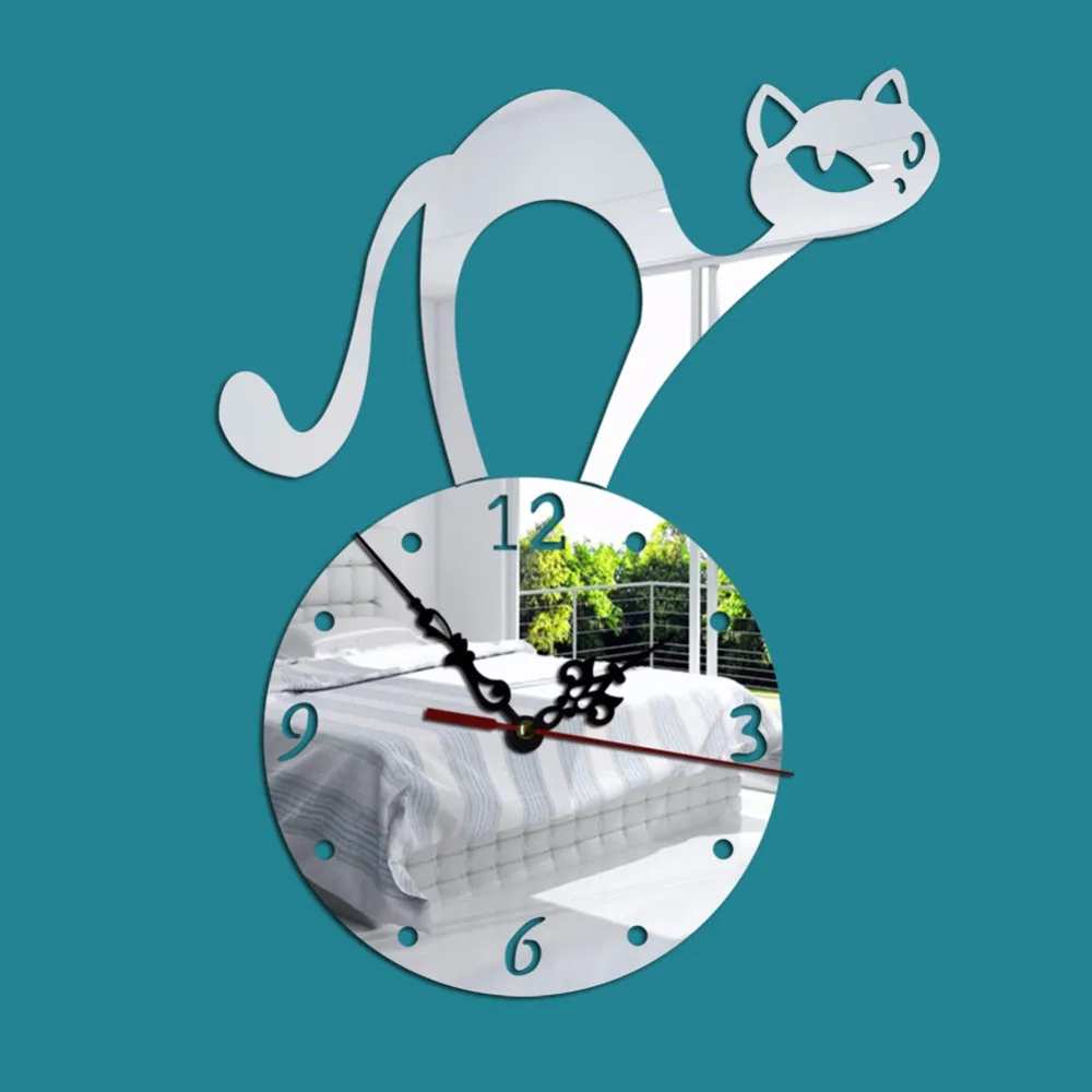 배경 벽 스티커 거실 침실 어린이 방 벽 시계 시계 만화 고양이 거울 벽 스티커 시계