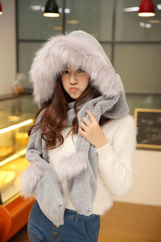 Plush Soft Faux Fur Winter Ladies Woman Furry Hat with Hood Scarf Long Mittens Pocket Spirit Hoods Coral velvet Christmas Gift