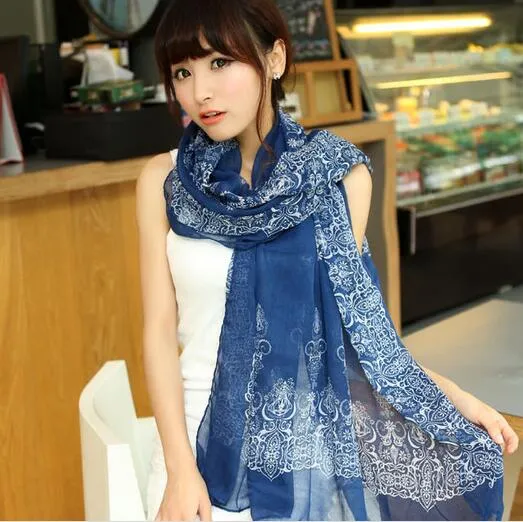 New Vintage Silk Scarves Blue and White Porcelain Long Scarf chiffon Shawls Sexy printed Women's Christmas gifts multicolor 
