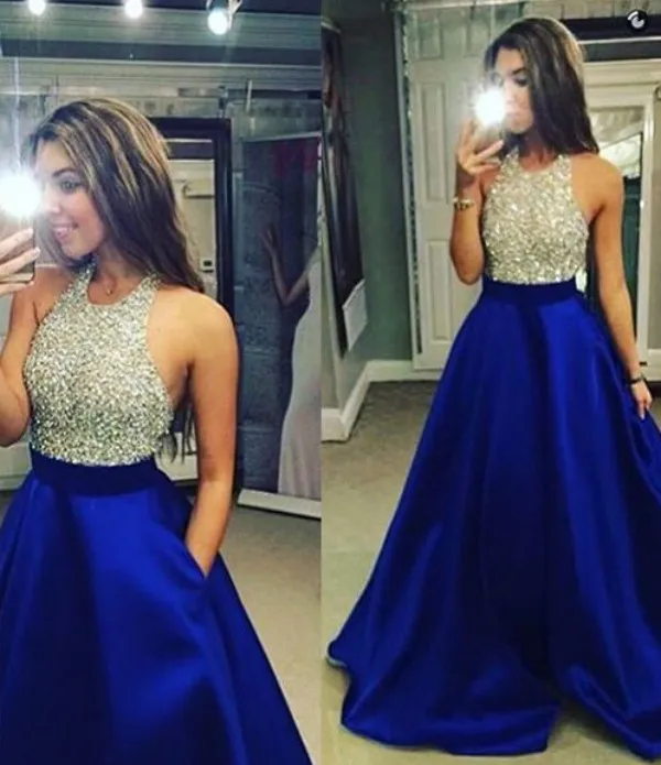 Robe de bal bleu royal scintillante longue formelle une ligne licou perlée longueur au sol tenue de soirée sans manches pas cher de haute qualité